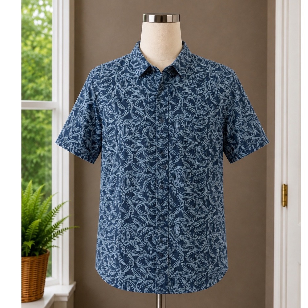LL Bean Hawaiian Traditional Fit Leaf Print Shirt Navy Blue Mens Medium Coastal